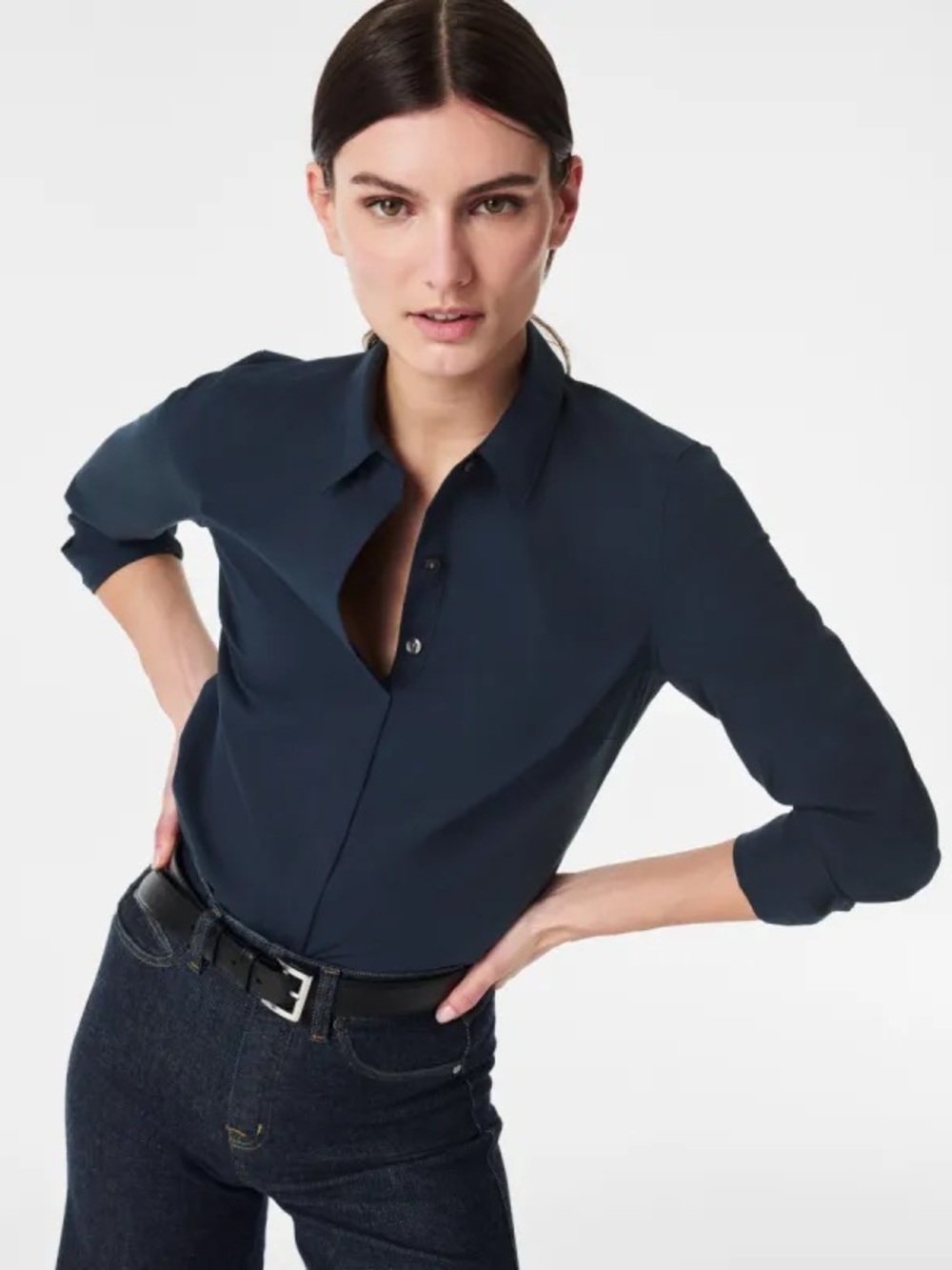 Spanx Poplin No-Gape Tailored Button Down Midnight Navy